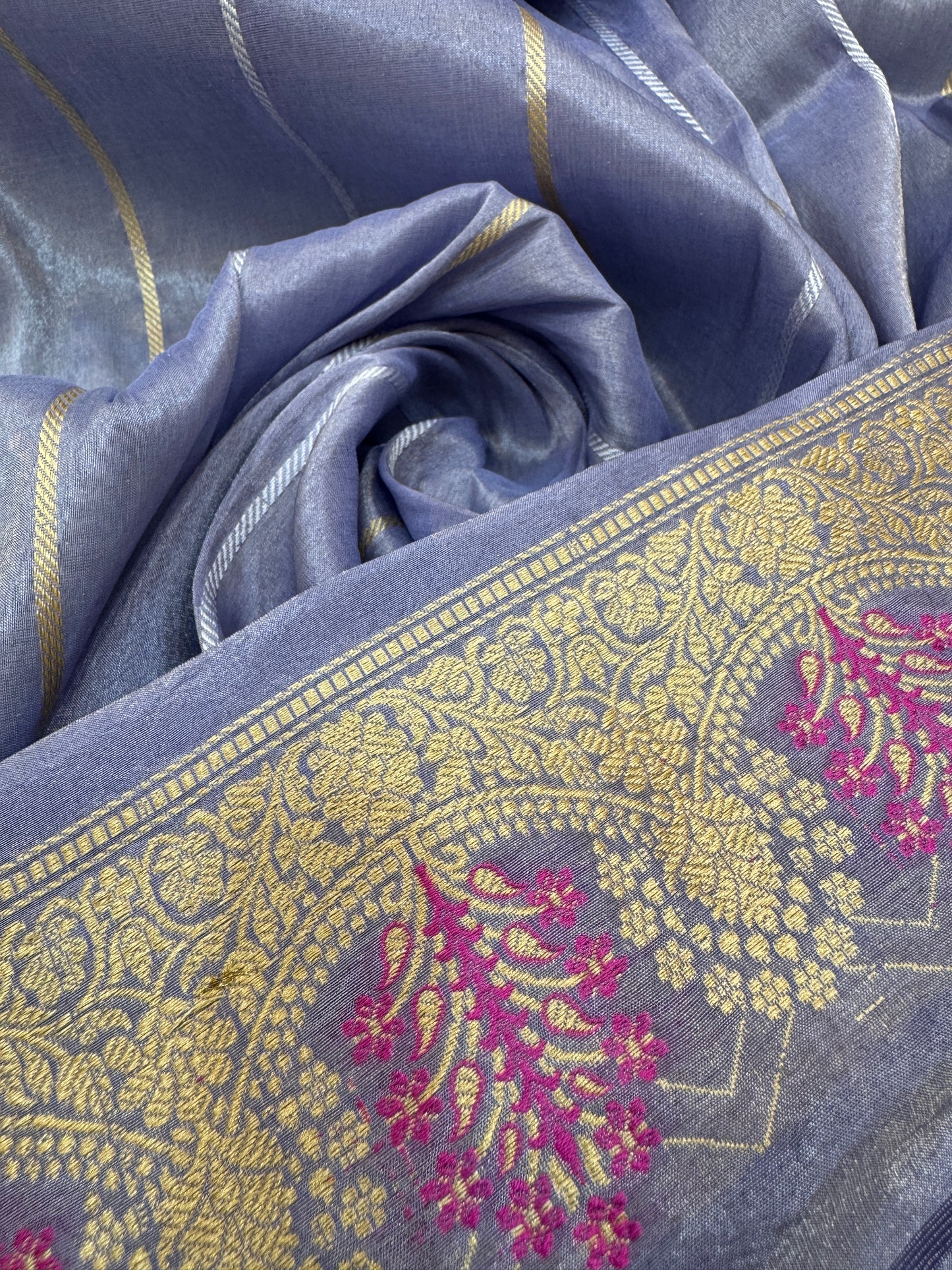 Pure Banarasi Katan Tissue Silk Kadiyal Border Saree