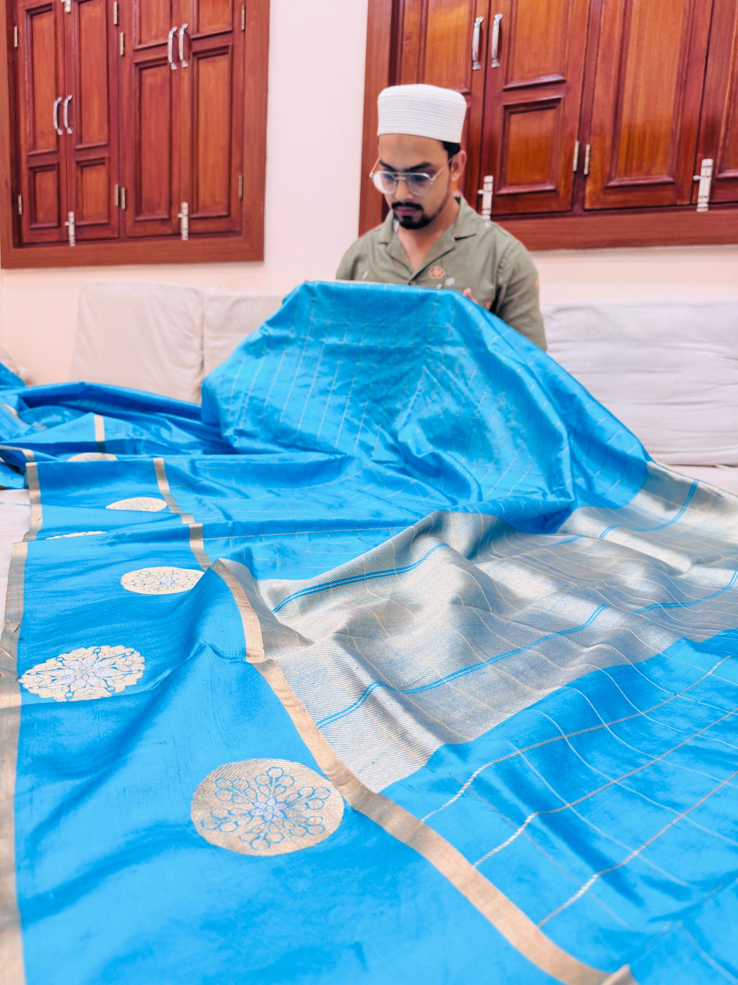 Pure Banarasi Dupion Silk Checks Satin Border Saree