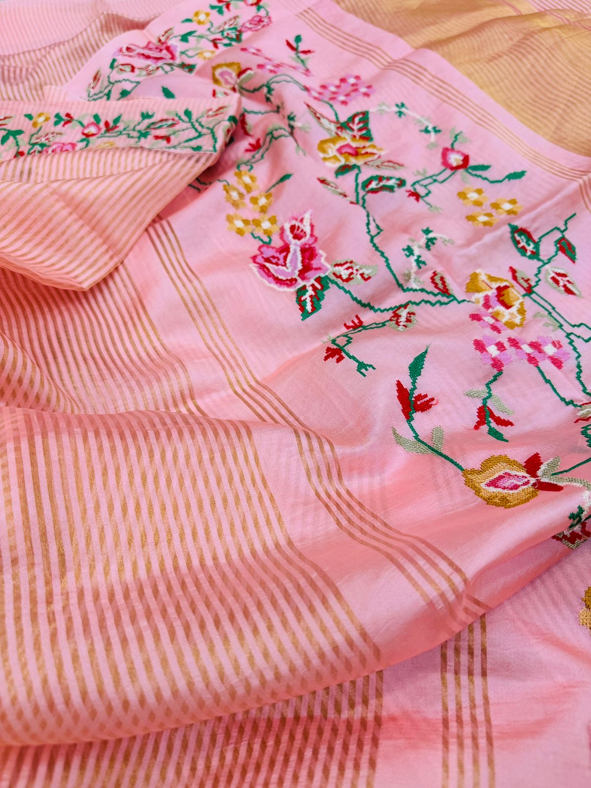 Peach Kora Tissue Stripe Cross Embroidery Saree