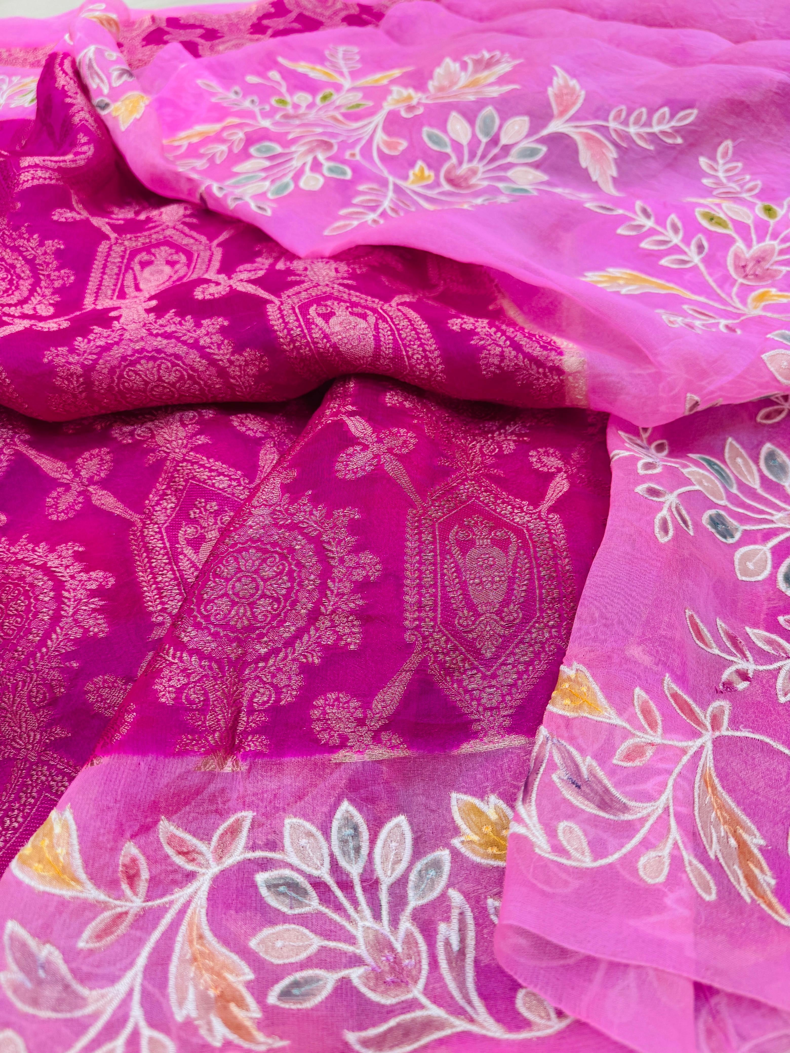 Pure Banarasi Kora Silk Embroidery Handbrush Saree
