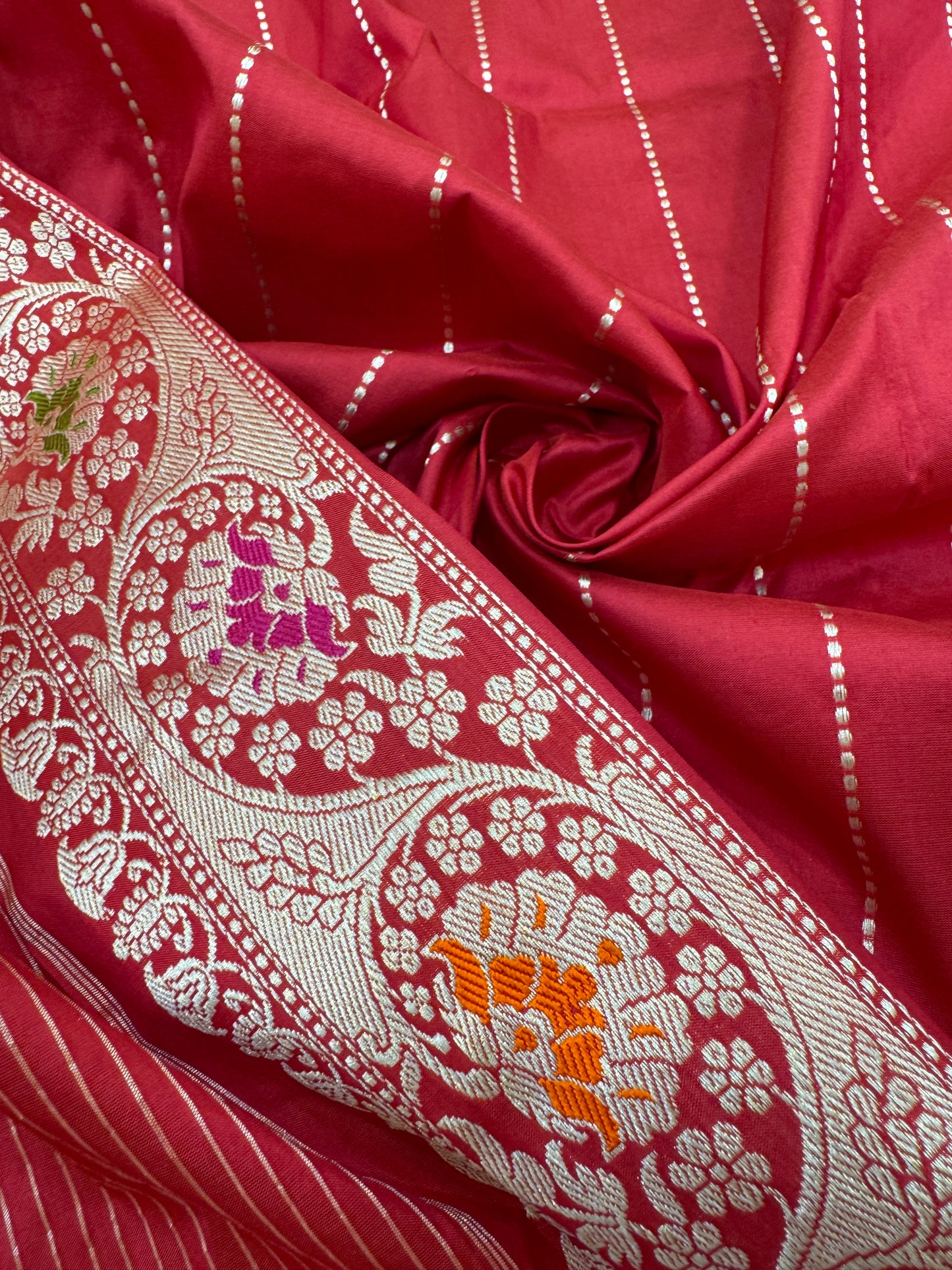 Pure Banarasi Katan Silk Kadhwa Buti-Stripes Saree
