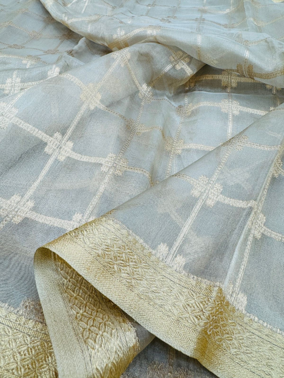 Natural Gold Tissue Silk Check Saree