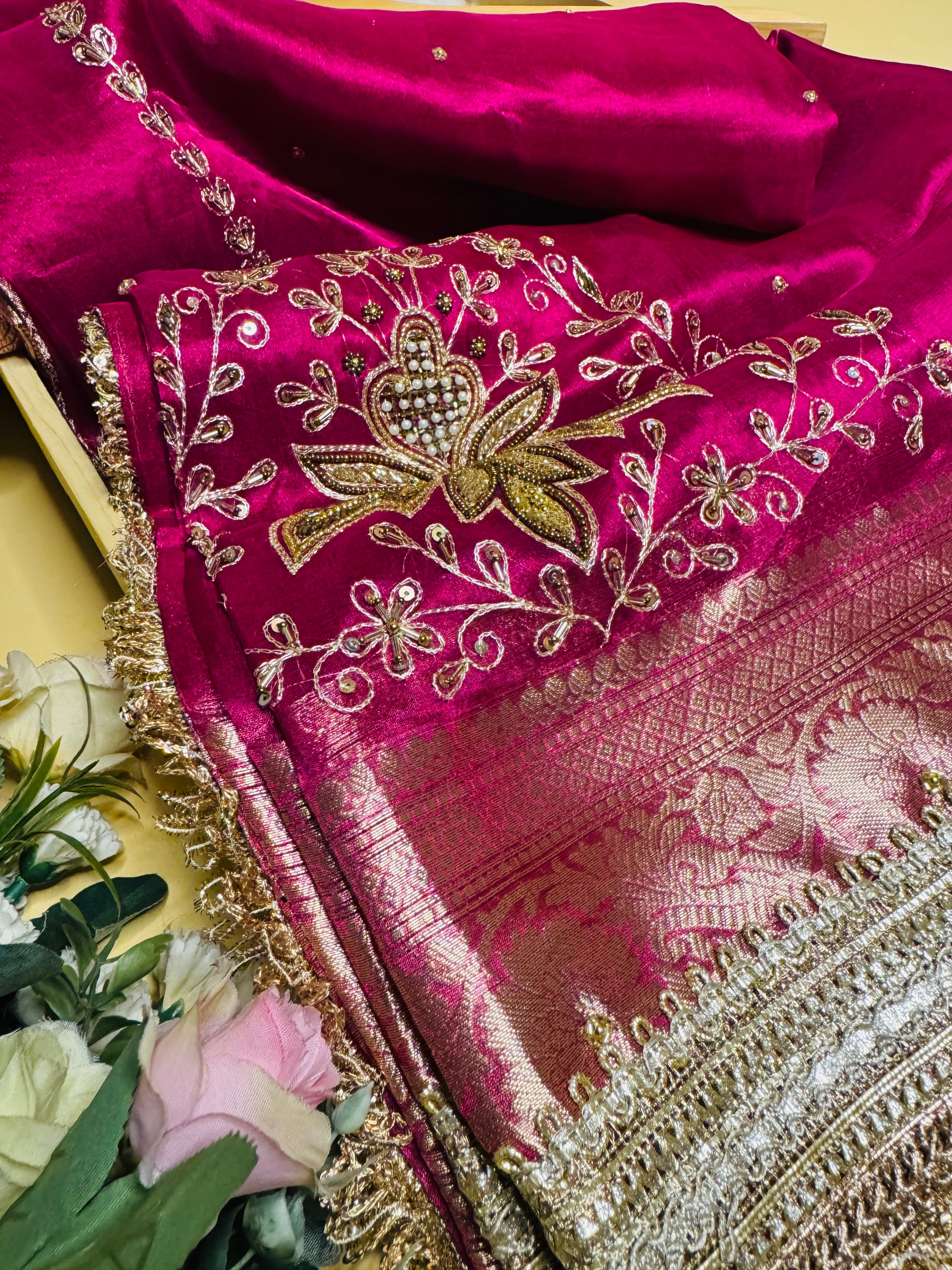 Pure Banarasi Tissue Silk Hand Embroidery Saree