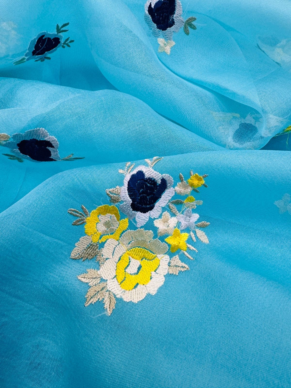 Sky Blue Kora Silk Embroidery Saree