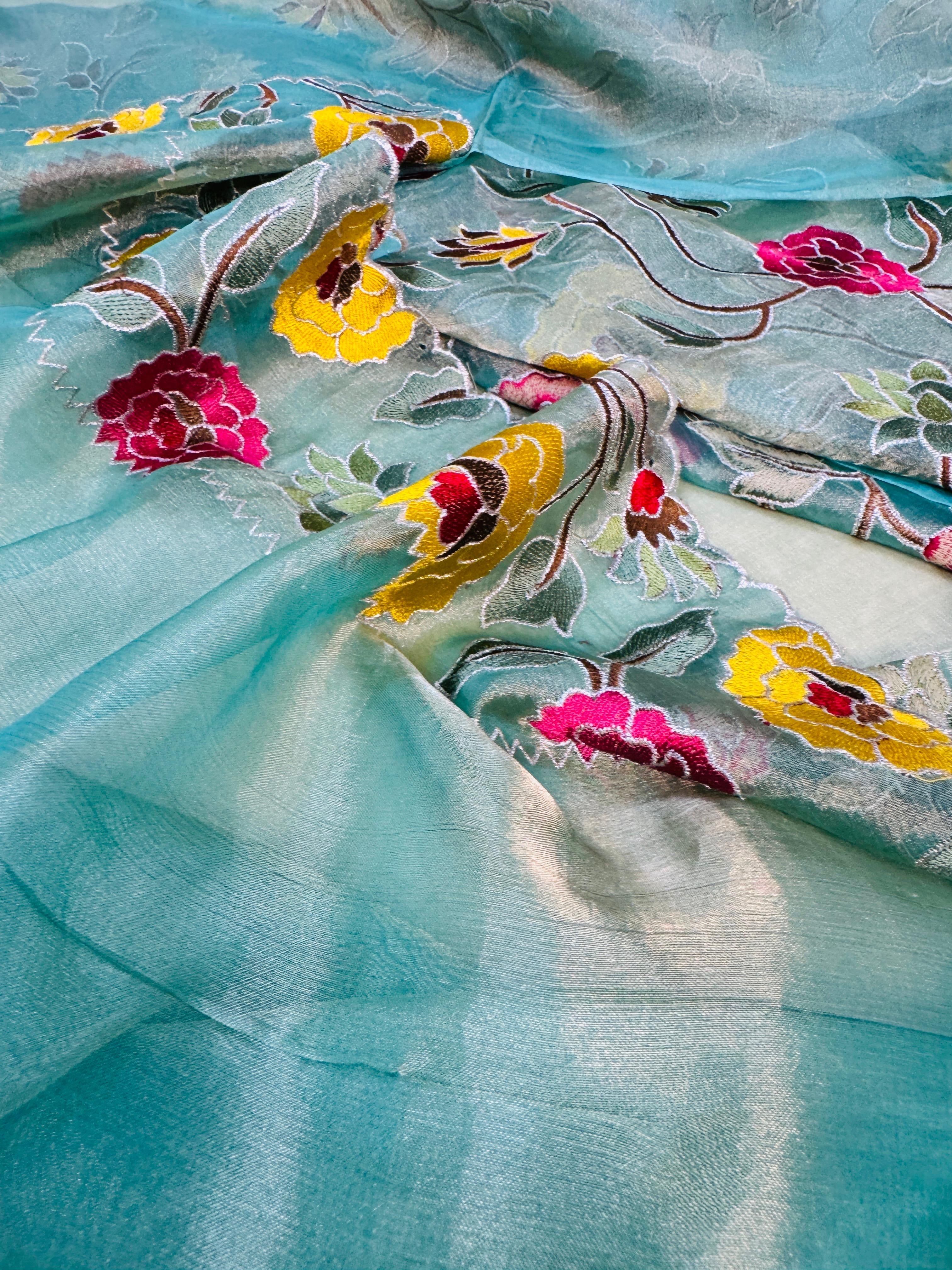 Tissue Plain Embroidery Saree