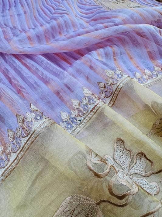 Kora Tissue Silk Stripes with Border Patchwork Saree