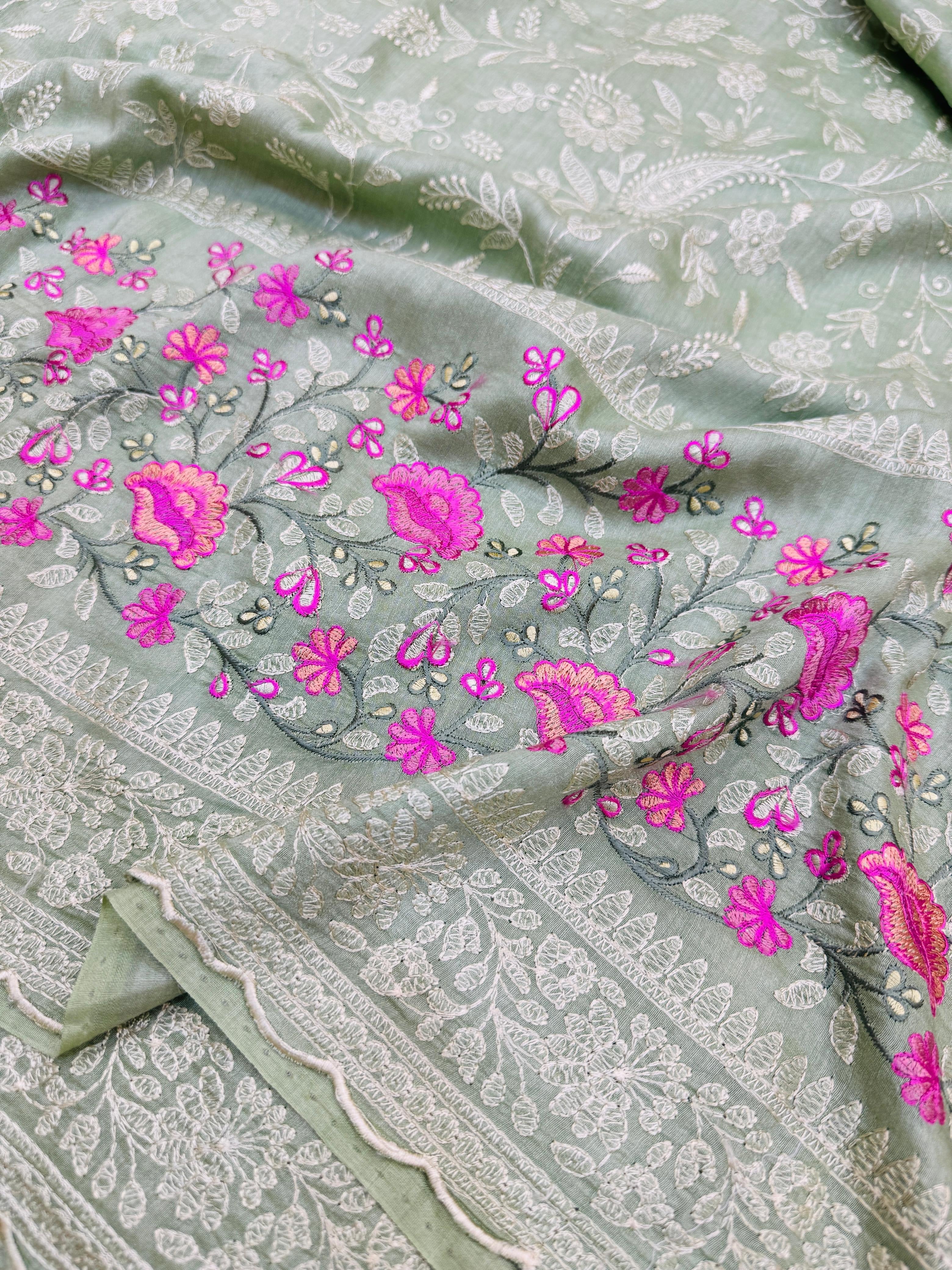 Pure Banarasi Tasar Silk Embroidery Saree