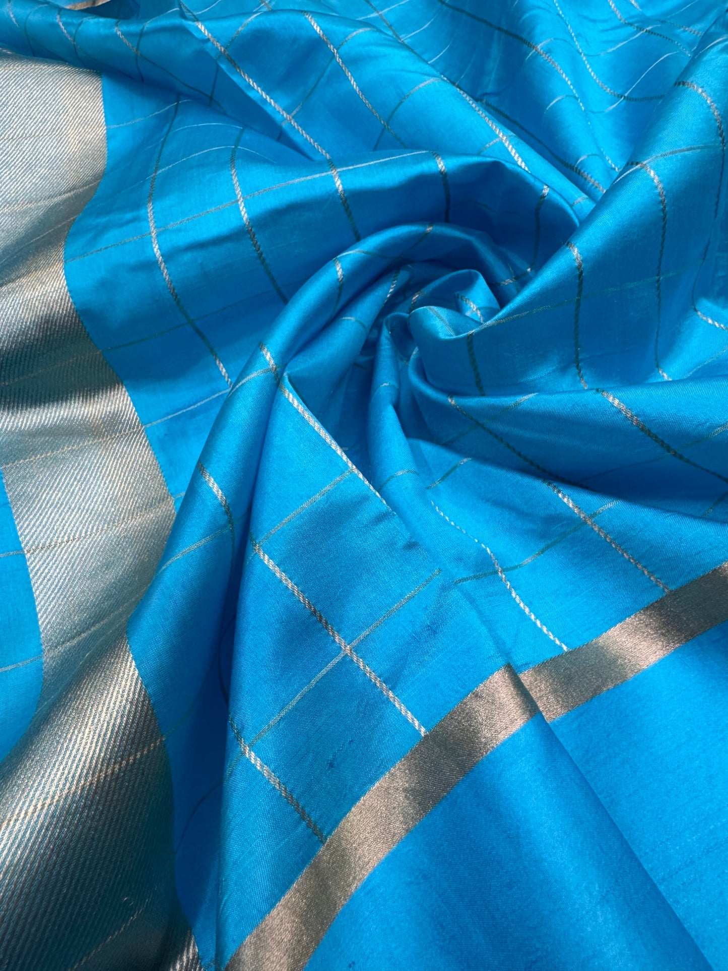 Pure Banarasi Dupion Silk Checks Satin Border Saree