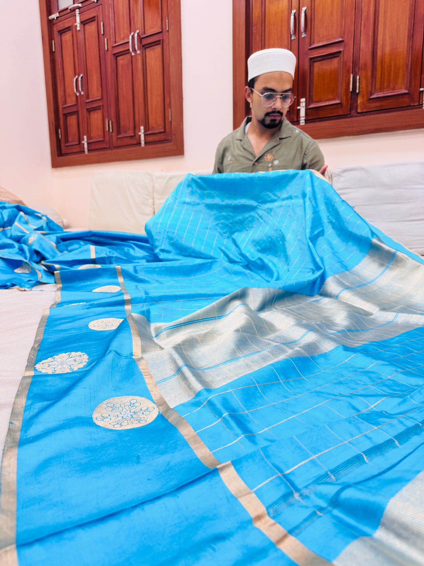 Pure Banarasi Dupion Silk Checks Satin Border Saree