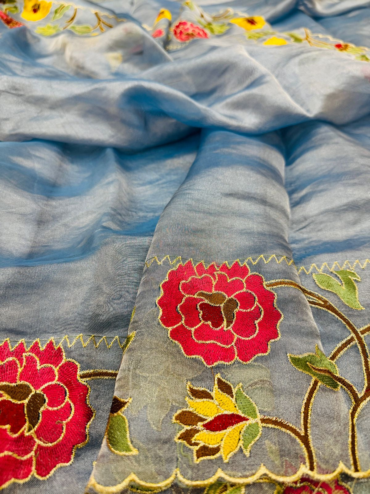 Blue Tissue Silk Embroidery Saree