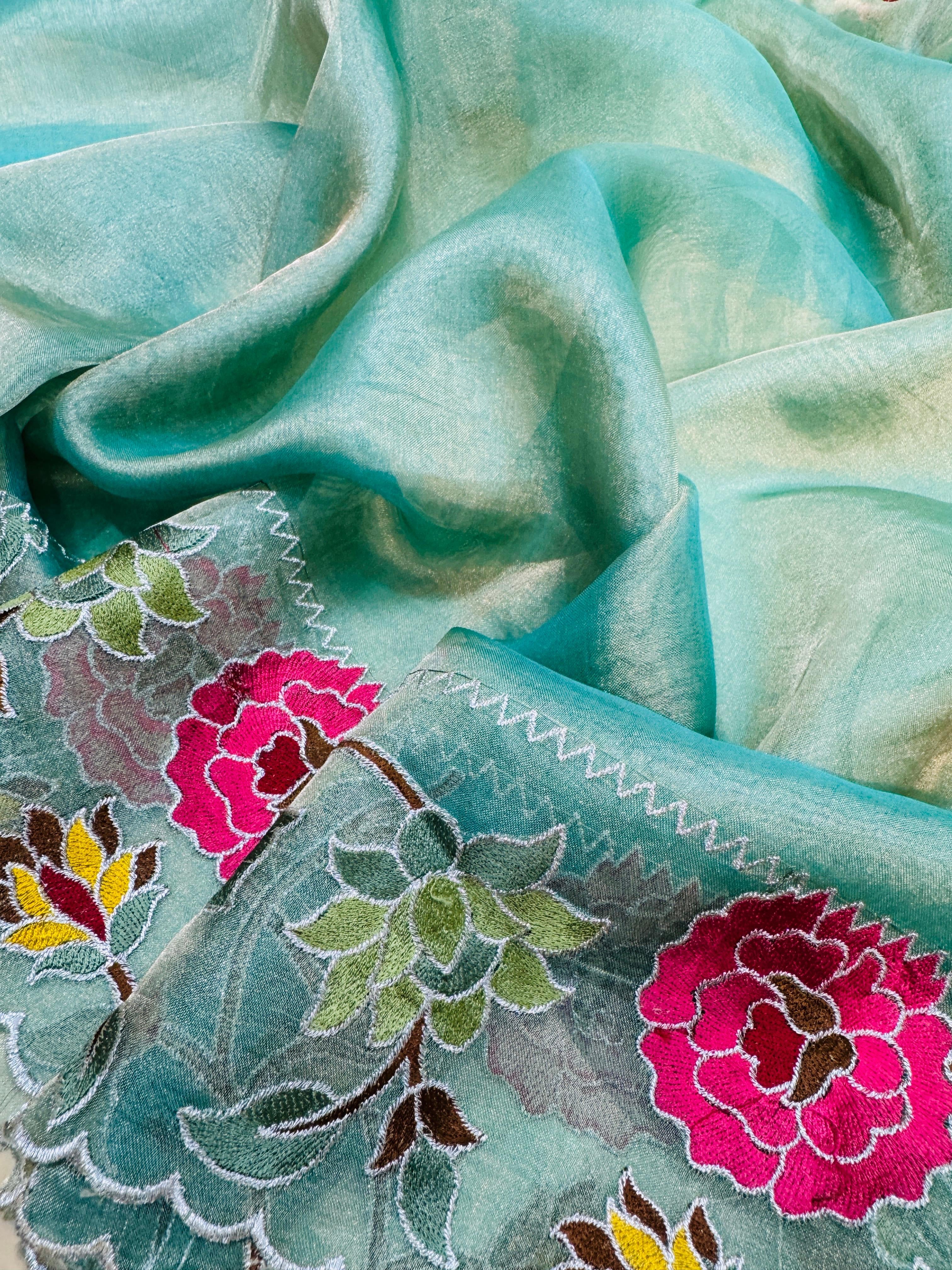 Tissue Plain Embroidery Saree