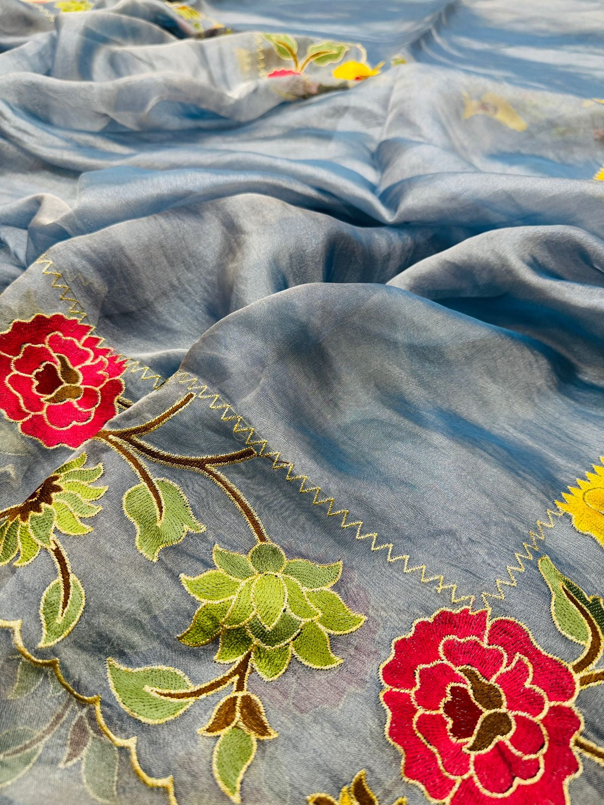 Blue Tissue Silk Embroidery Saree