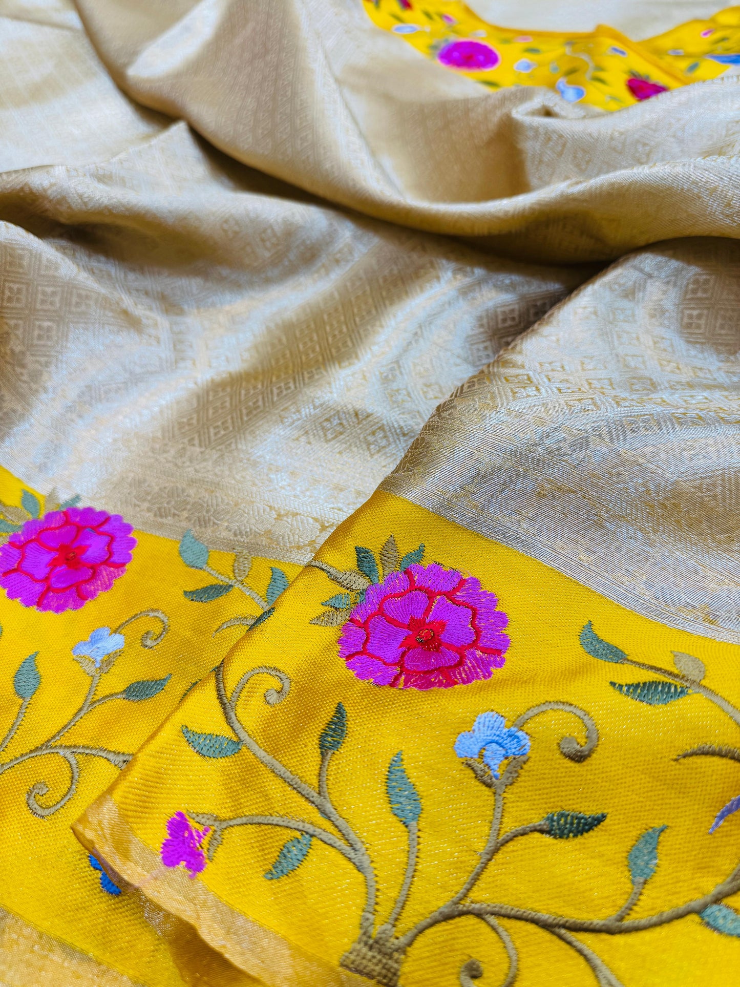 Pure Banarasi Tissue Silk Satin Border Embroidery Saree