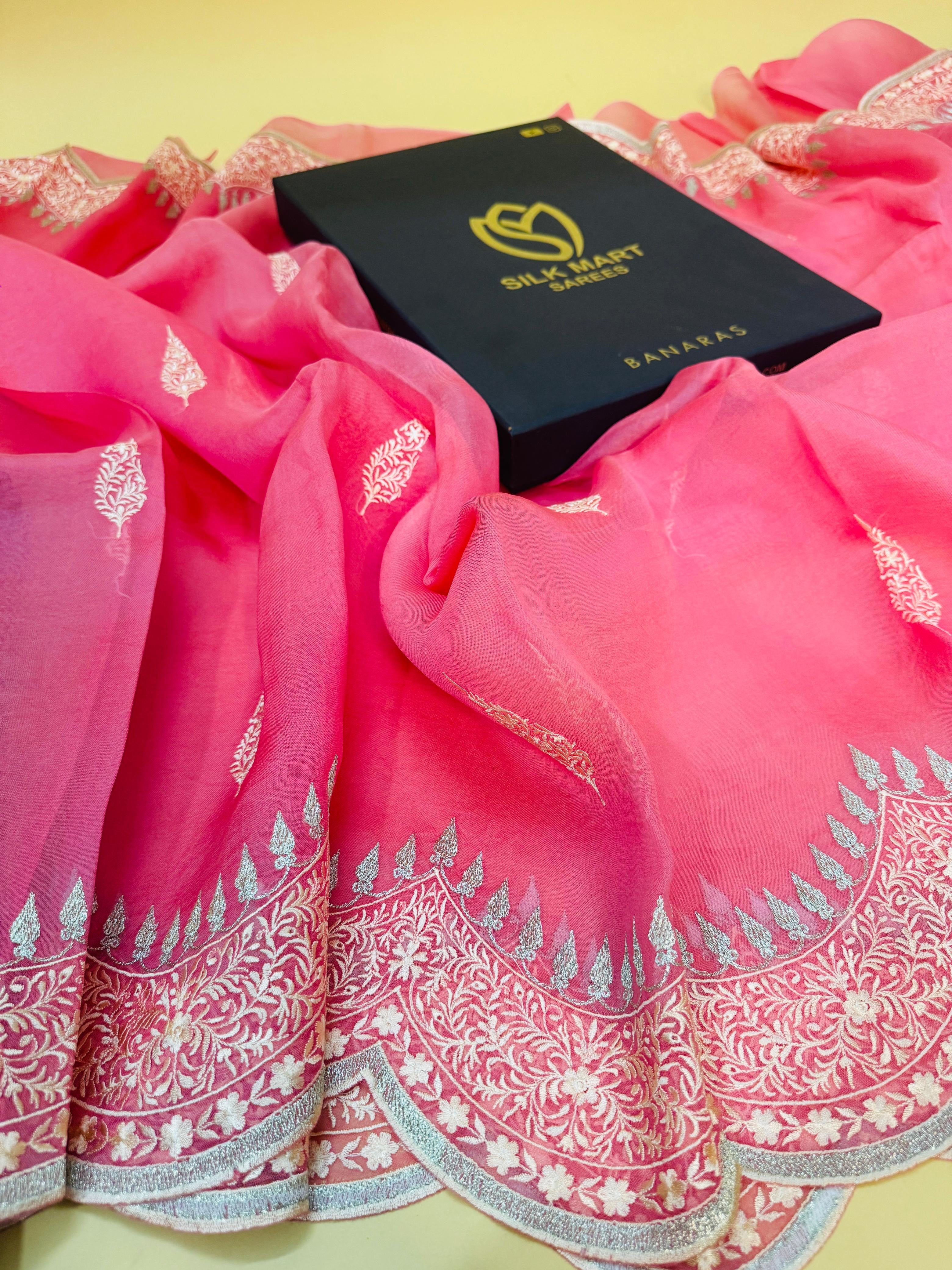 Baby Pink Kora Silk Embroidery Saree