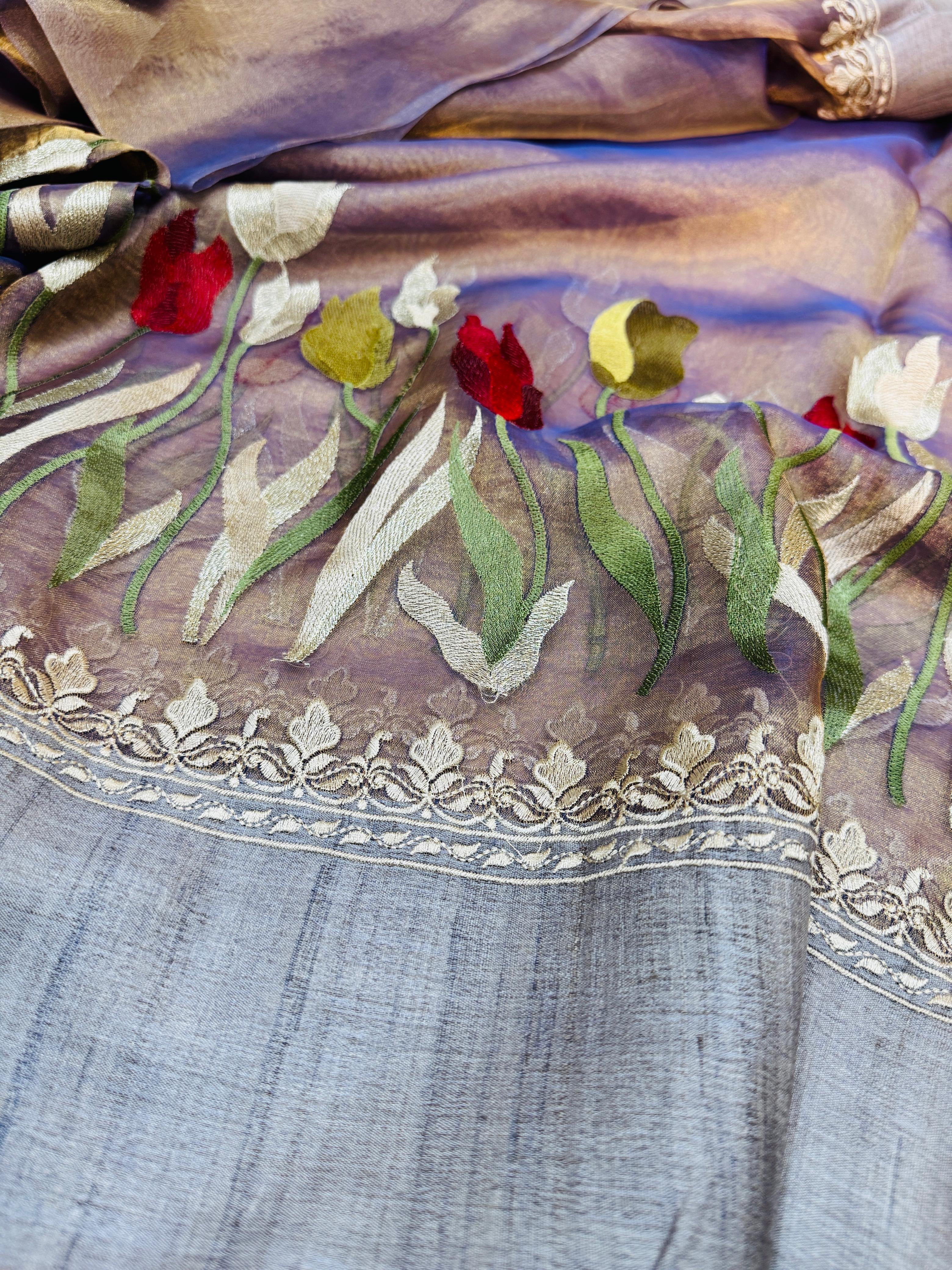 Tissue Embroidery Tasar Border Saree