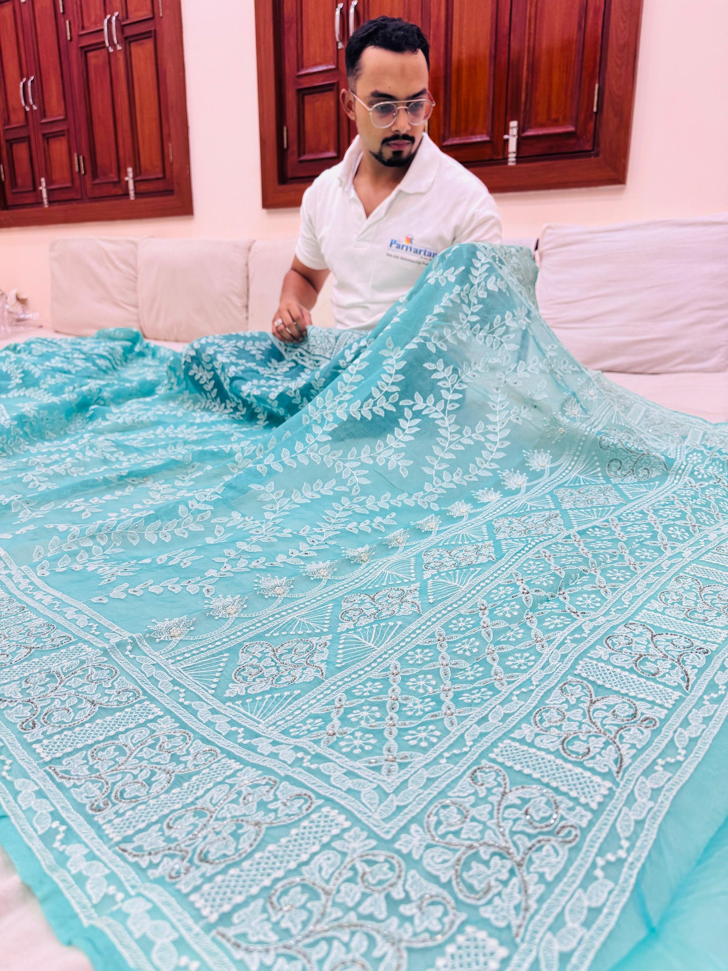 Pure Banarasi Kora Silk Chikankari Embroidery Saree