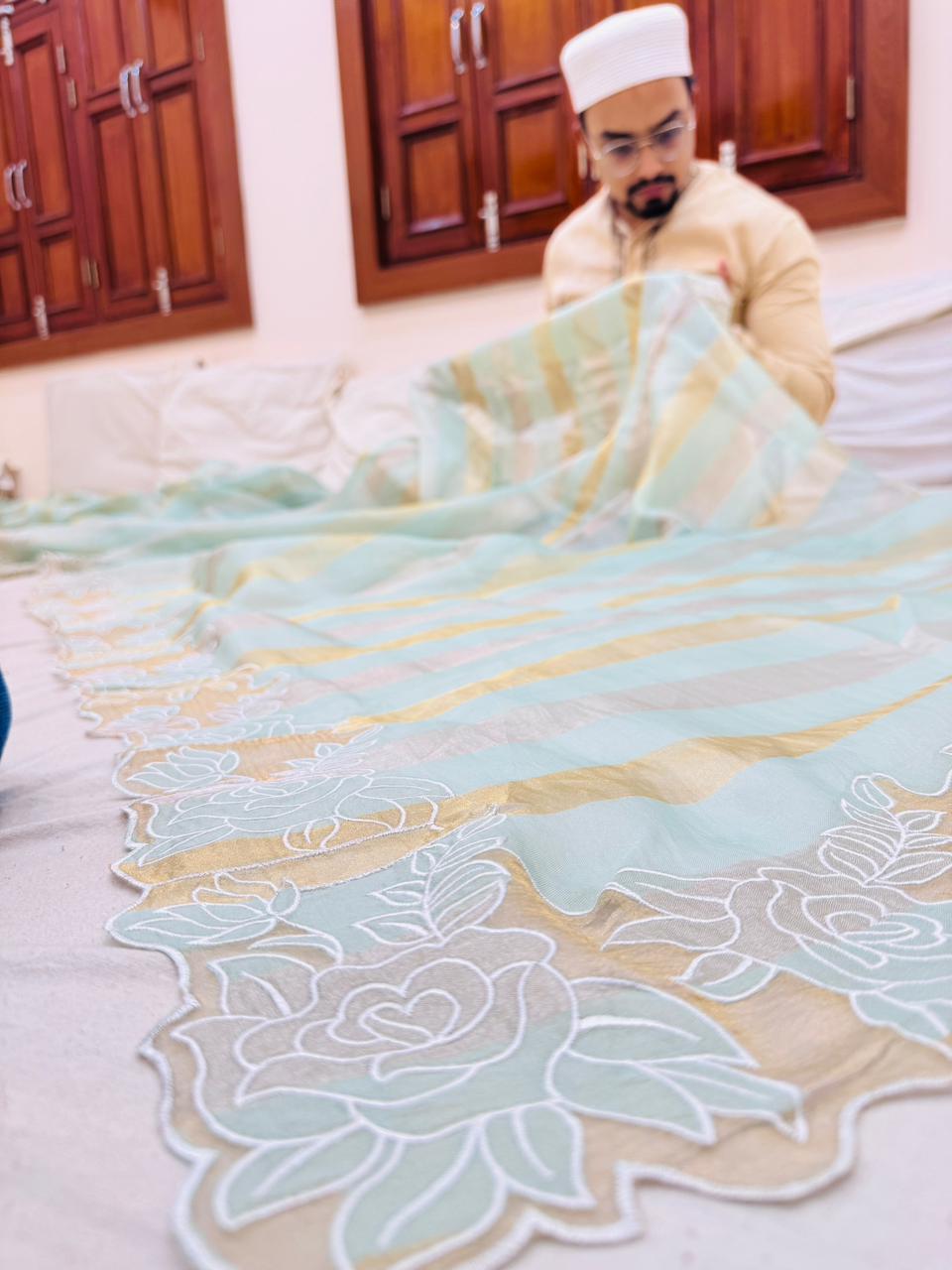 Pure Banarasi Tissue Silk Strips Sarees With Applique Work