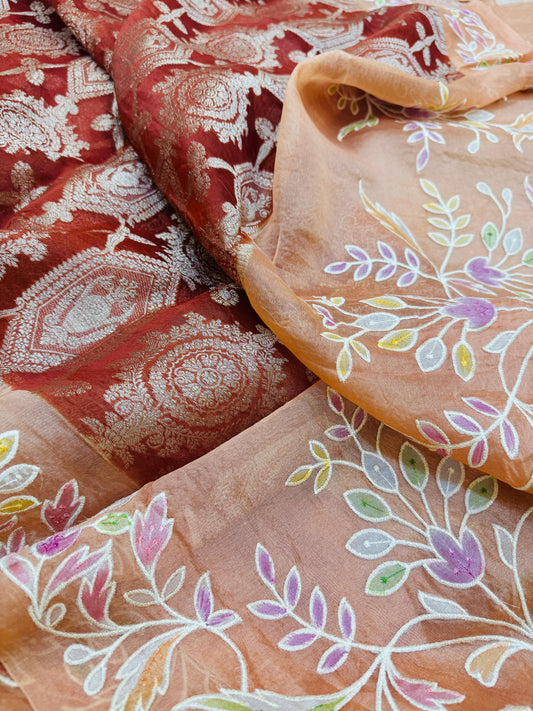 Pure Banarasi Kora Silk Embroidery Handbrush Saree