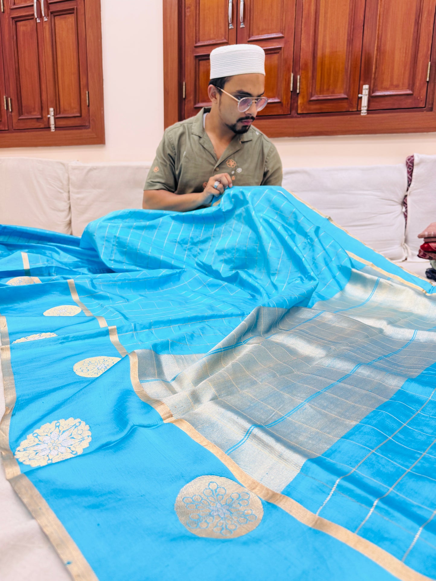 Pure Banarasi Dupion Silk Checks Satin Border Saree