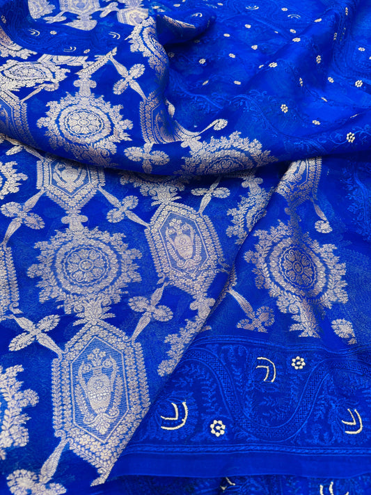 Pure Banarasi Kora Silk Jaal Saree With Satin Border