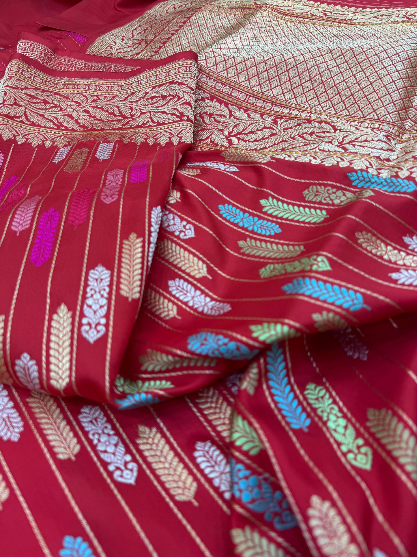 Pure Banarasi Katan Silk Kadhwa Buti Stripes Saree