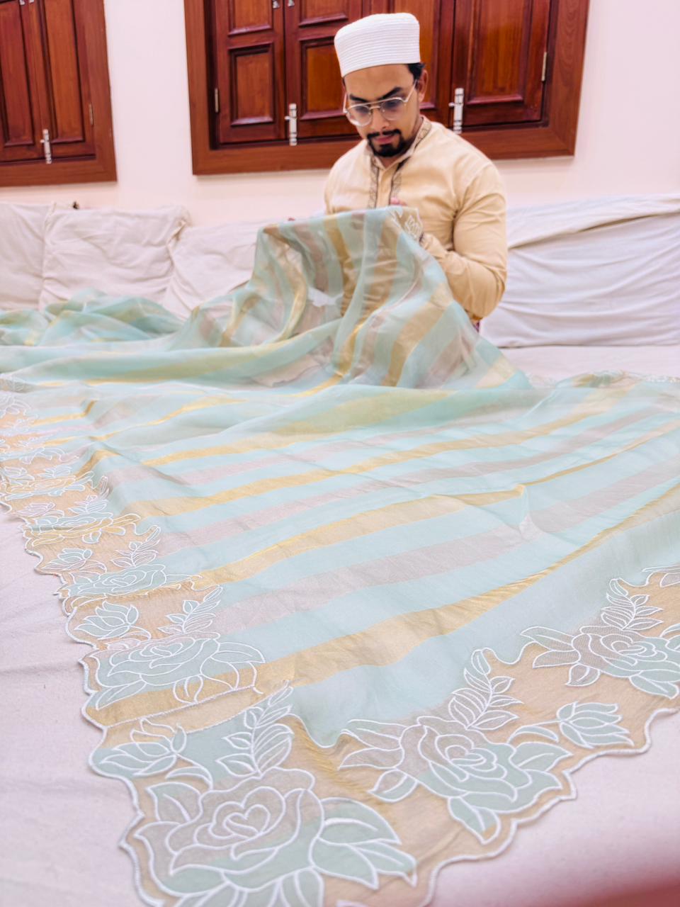 Pure Banarasi Tissue Silk Strips Sarees With Applique Work