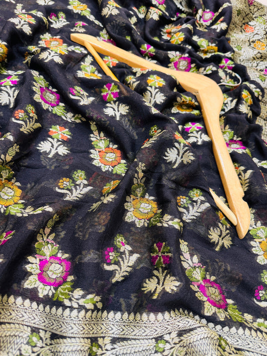 Pure Banarasi Chiffon Tilfi Floral Jaal Saree