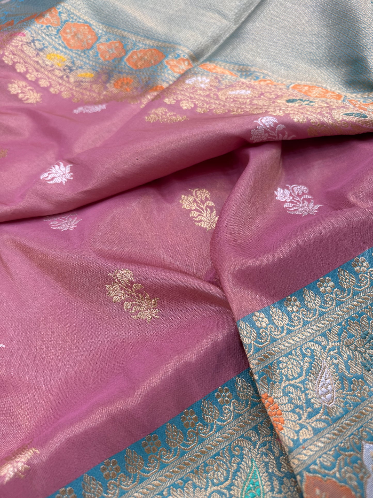 Pure Banarasi Katan Tissue Silk Kadiyal Border Saree