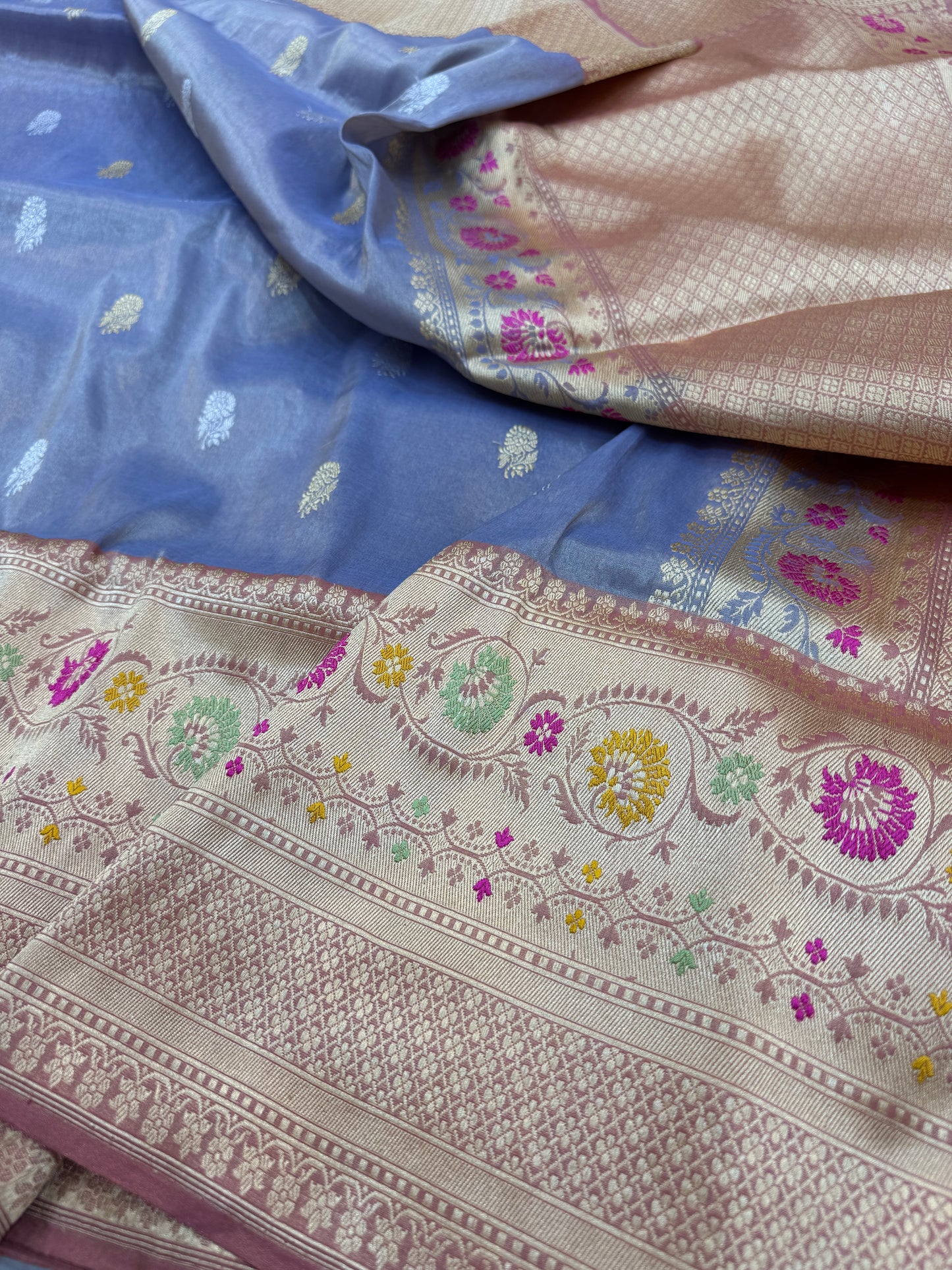 Pure Banarasi Katan Tissue Silk Kadiyal Border Saree