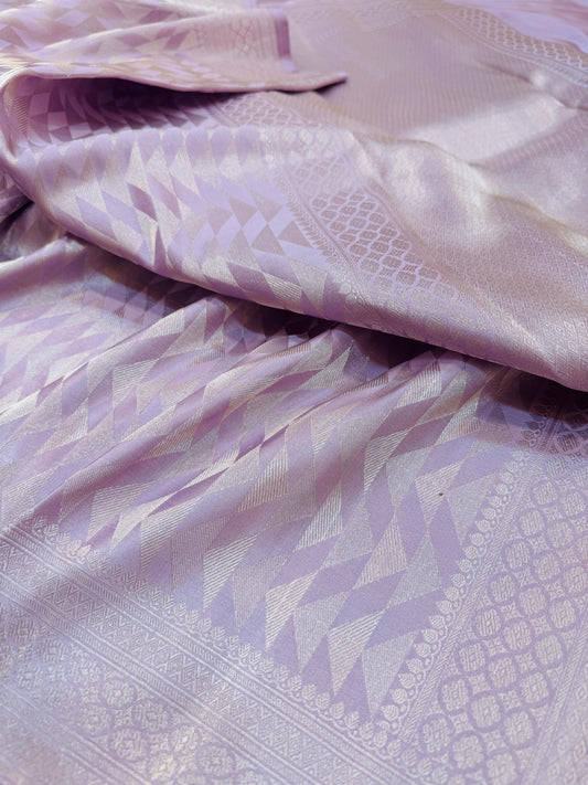 Pure Banarasi Satin Silk Silver Zari Geometric Pattern Saree