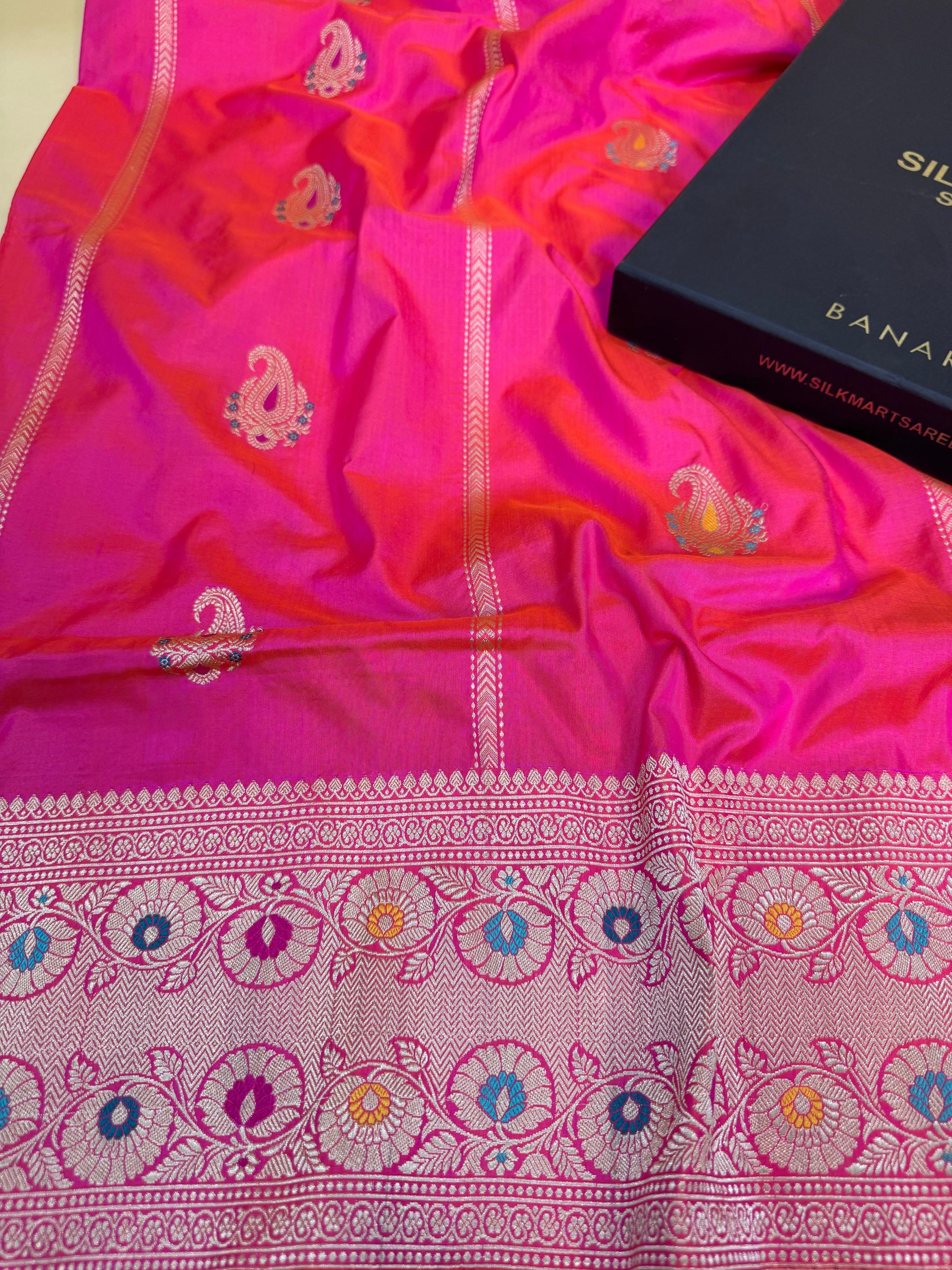 Rani Pink Katan Silk Stripe Buti Saree