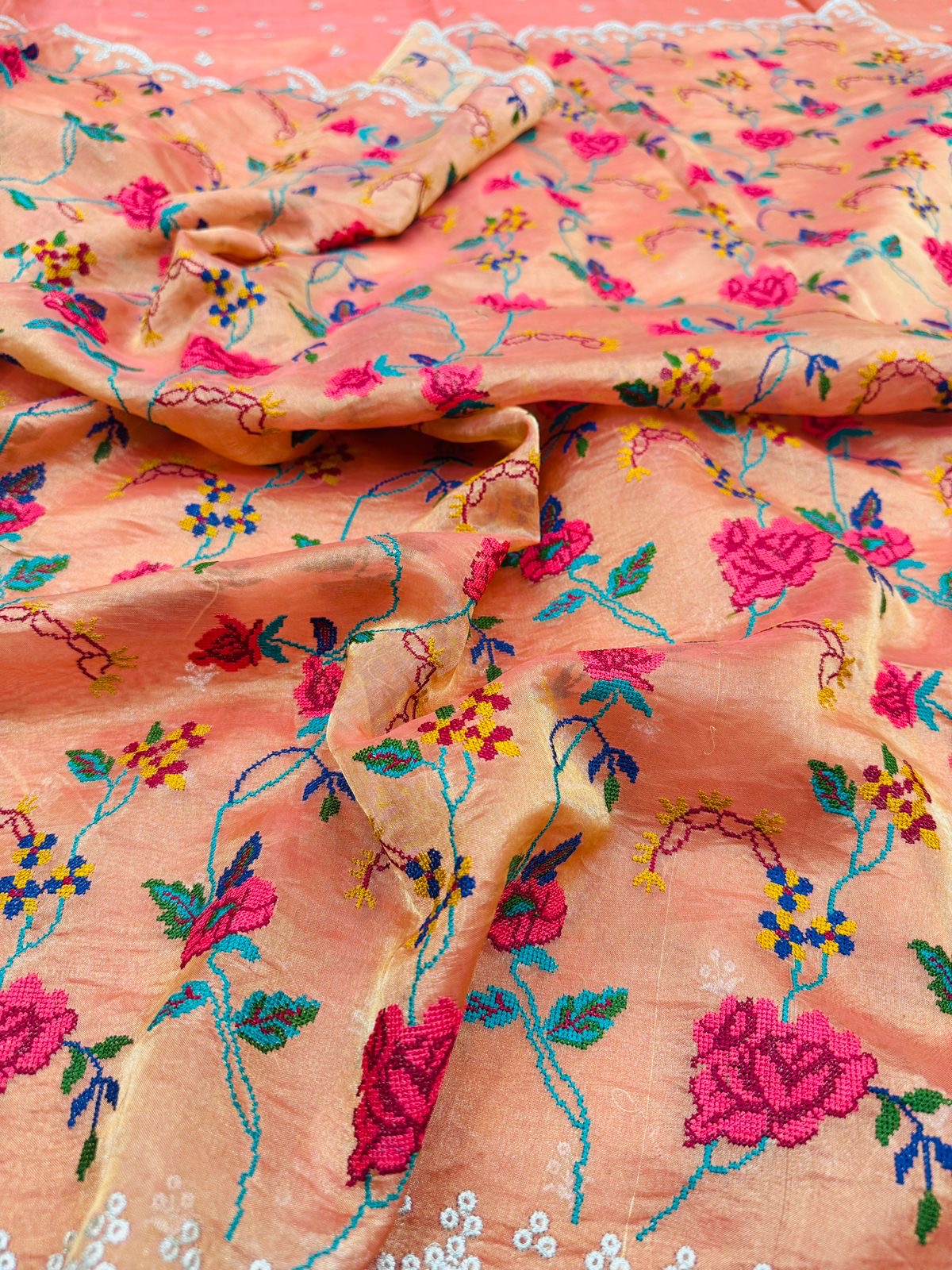 Burnt Orange Tissue Silk Jaal Cross Embroidery Saree