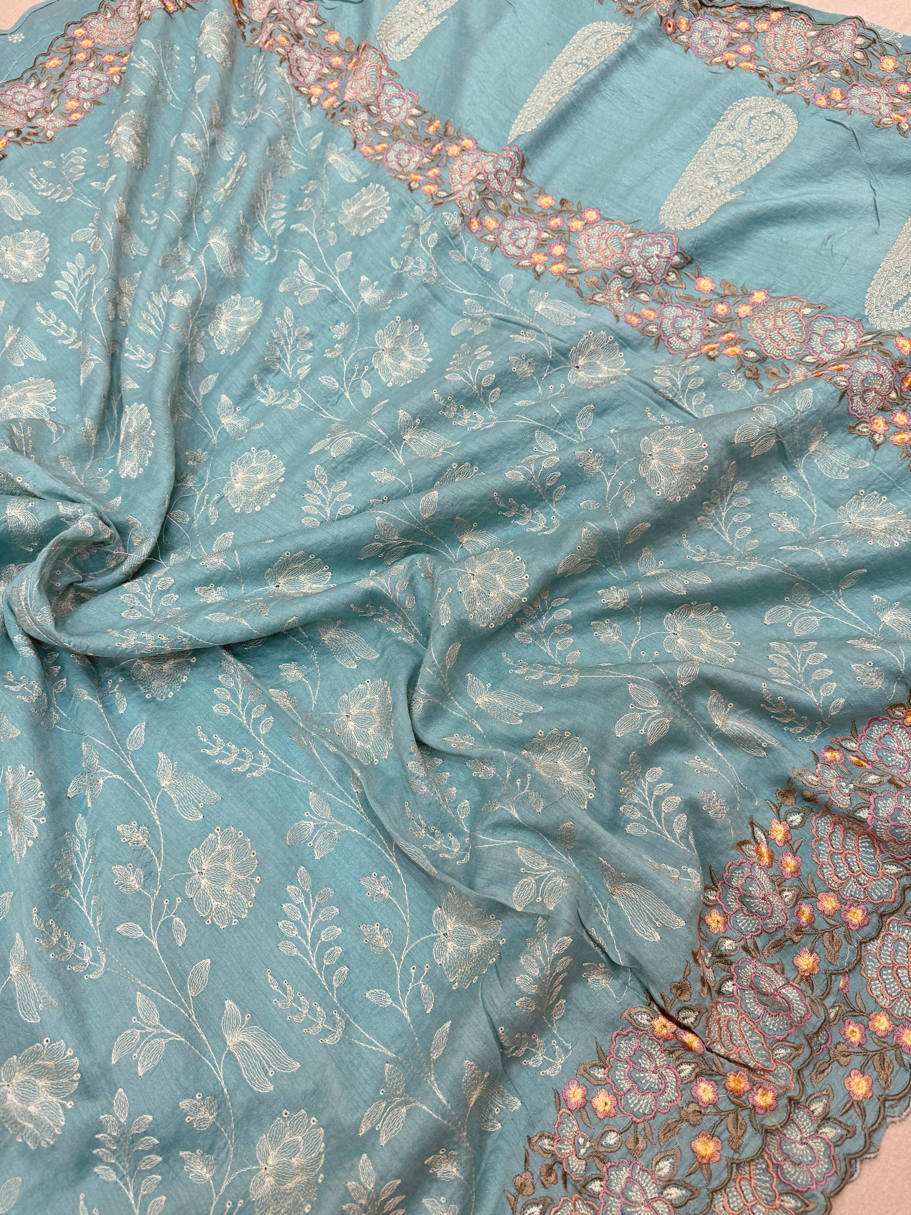 Pure Banarasi Tasar Silk Embroidery Saree