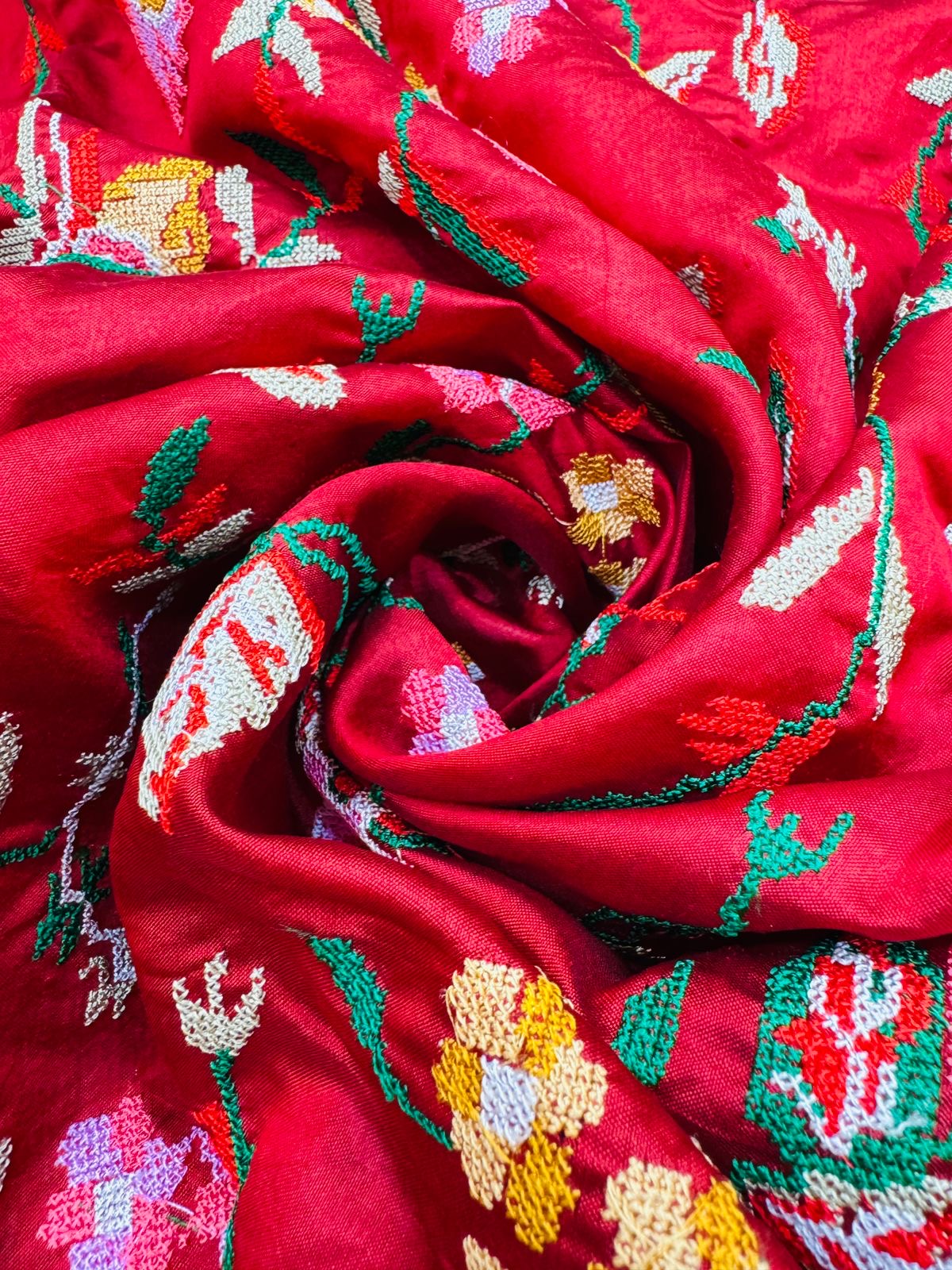 Red Kora Tissue Stripe Cross Embroidery Saree