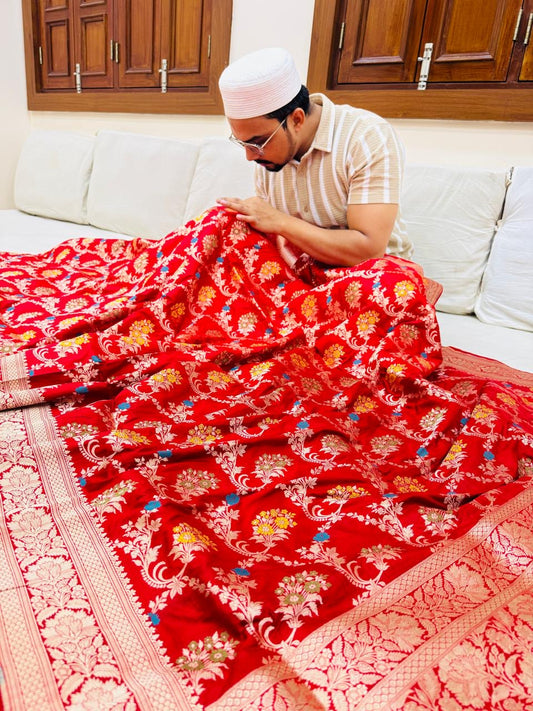 Pure Banarasi Katan Silk Mina Jaal Saree