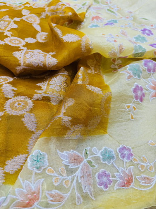 Pure Banarasi Kora Silk Embroidery Handbrush Saree