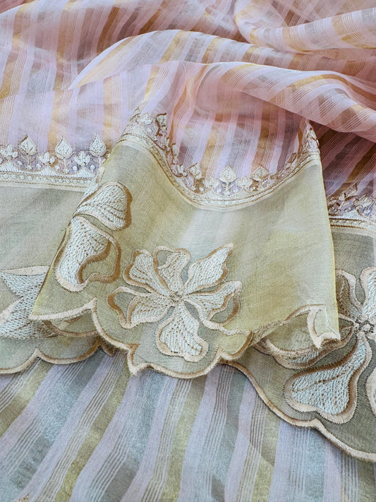 Kora Tissue Silk Stripes with Border Patchwork Saree