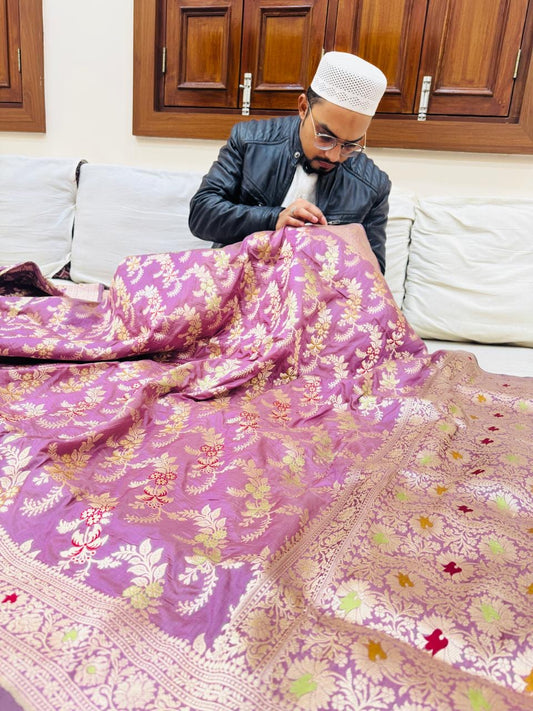 Pure Banarasi Katan Silk Mina Jaal Saree