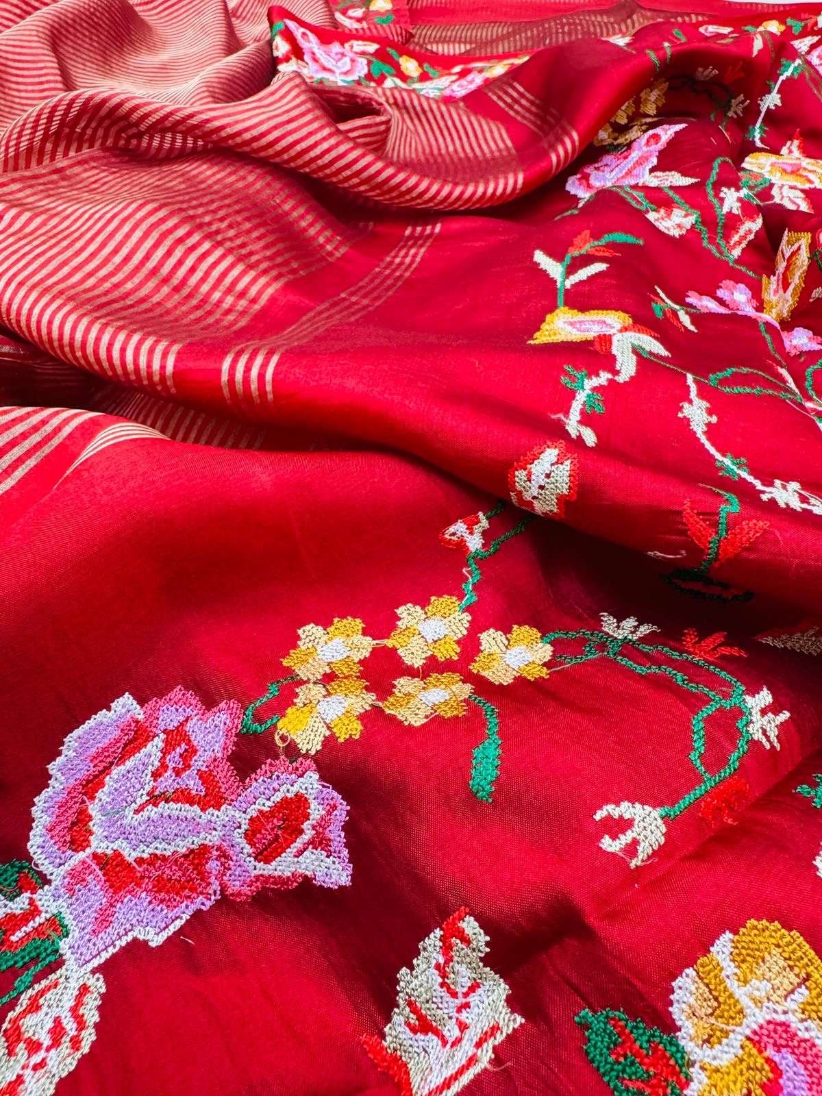 Red Kora Tissue Stripe Cross Embroidery Saree