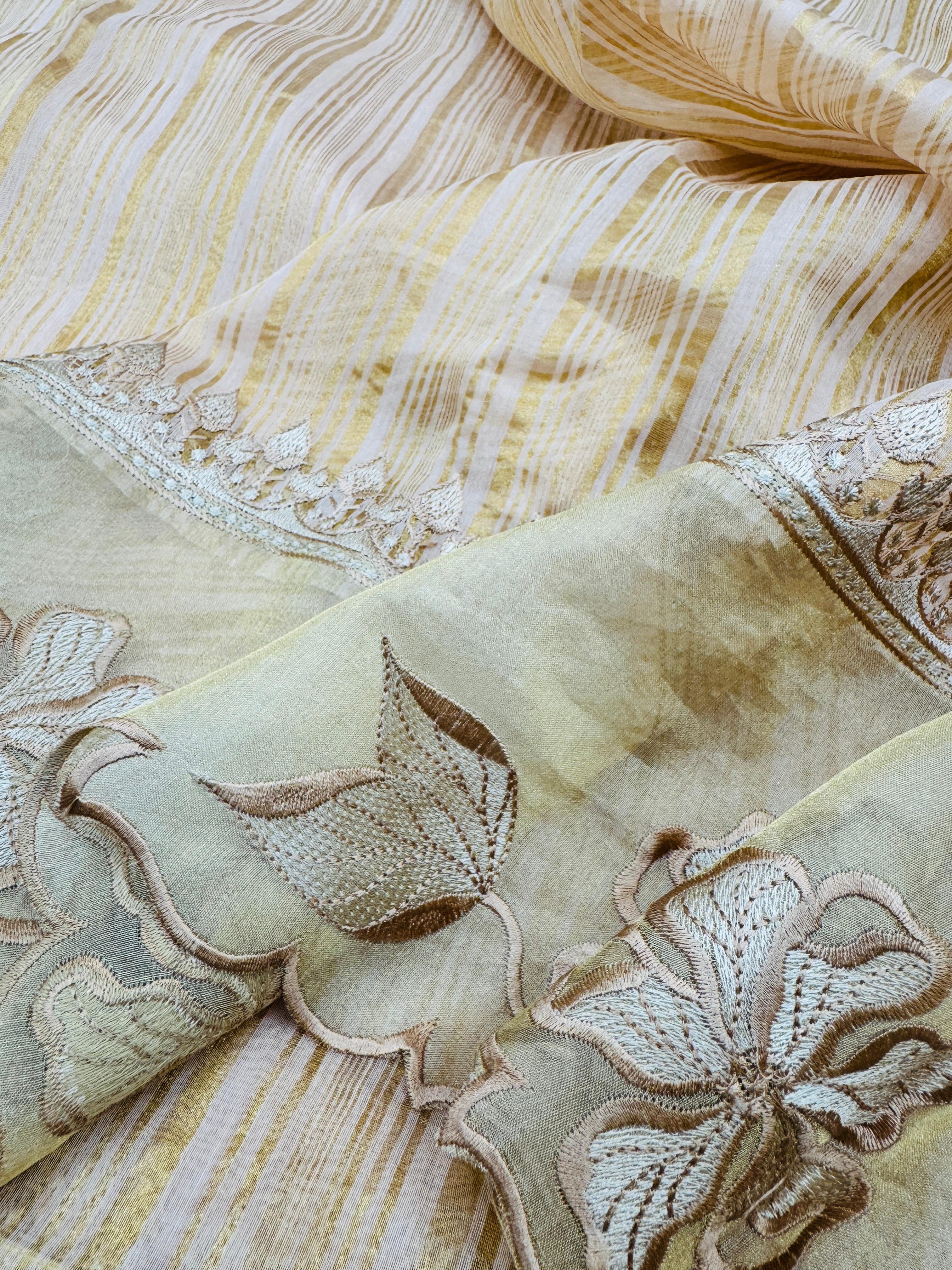 Kora Tissue Silk Stripes with Border Patchwork Saree