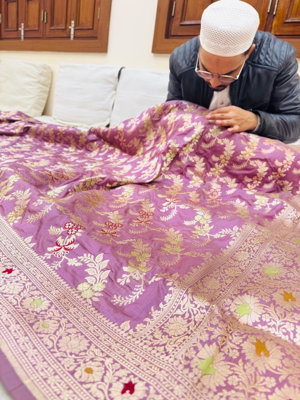 Pure Banarasi Katan Silk Mina Jaal Saree