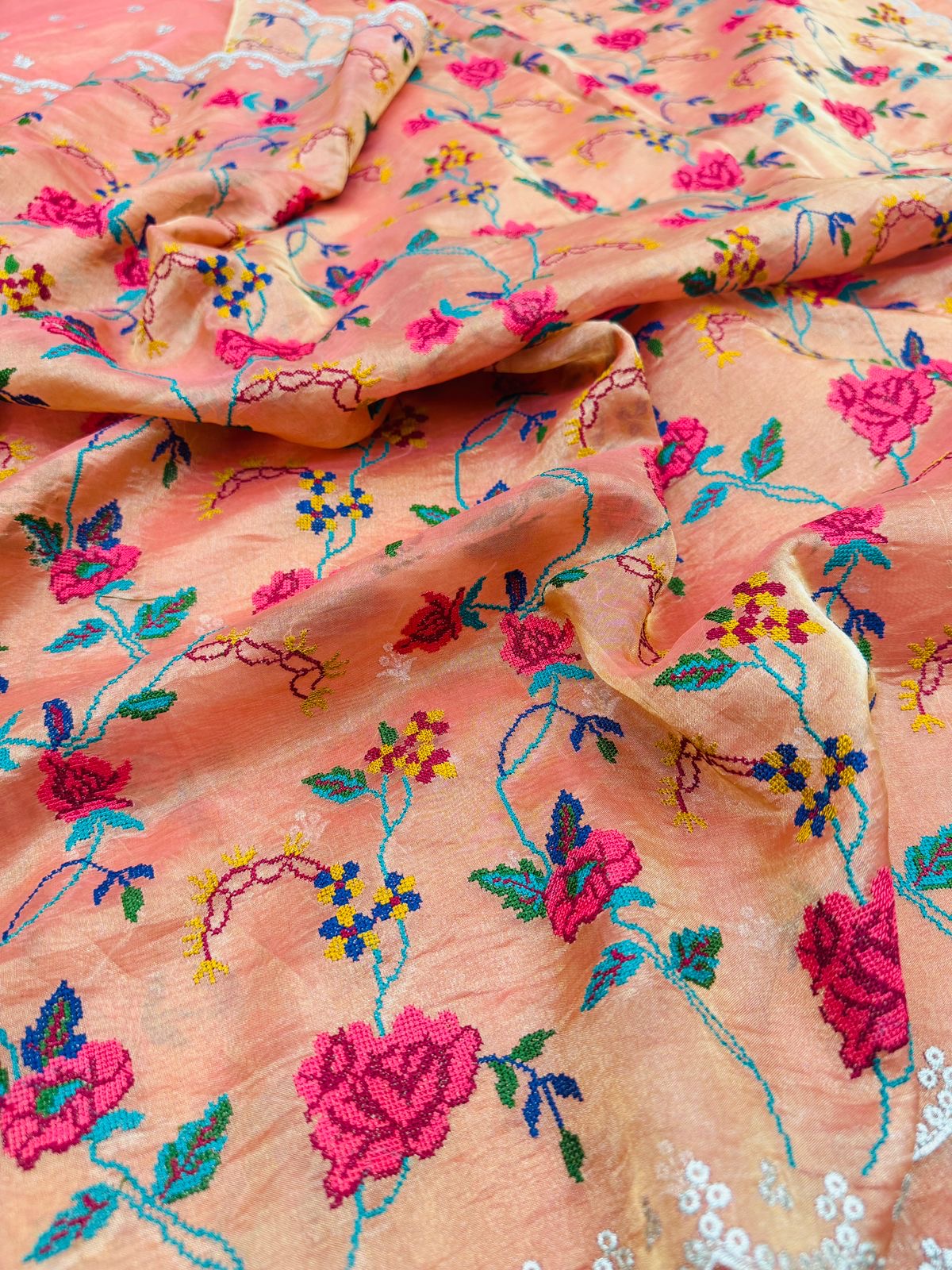 Burnt Orange Tissue Silk Jaal Cross Embroidery Saree