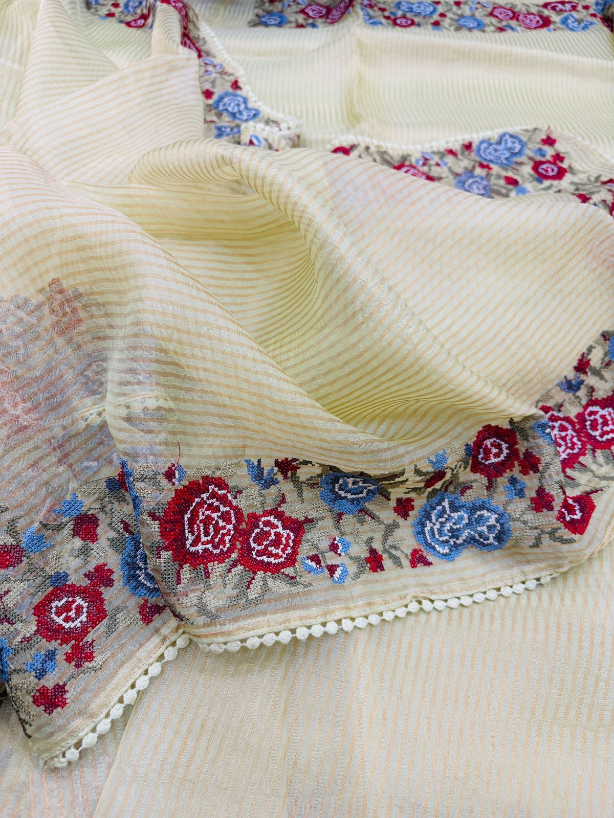 Off White Kora Tissue Stripe Cross Embroidery Saree