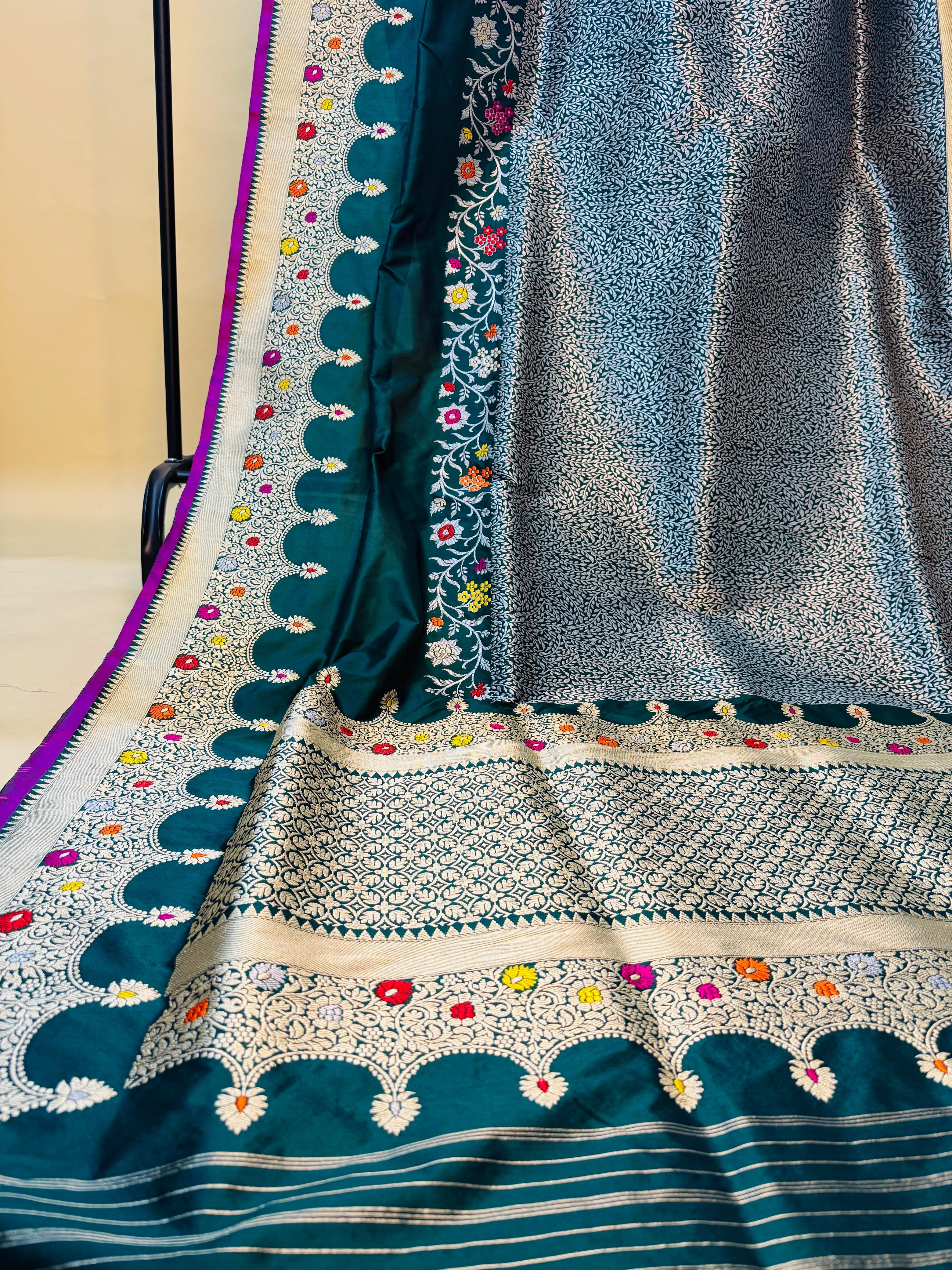 Bottle Green Katan Silk Designer Brocade With Scallop Border Saree