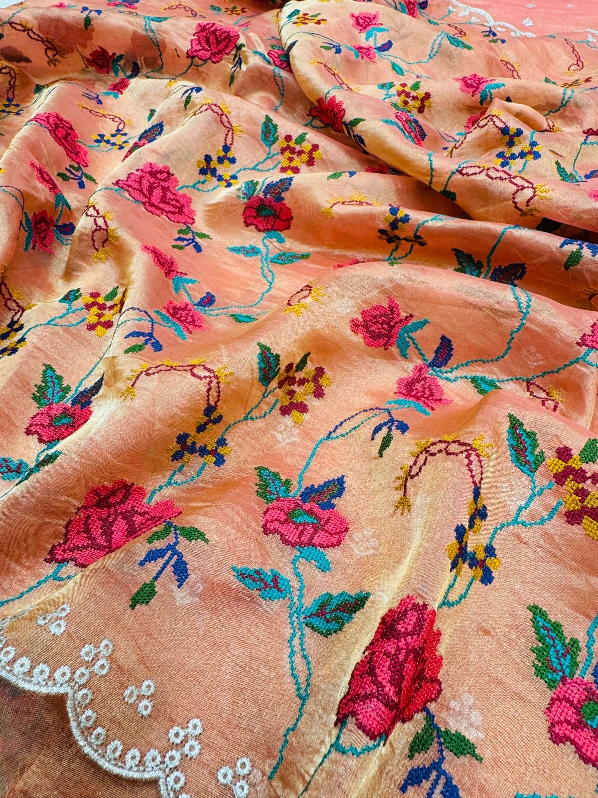 Burnt Orange Tissue Silk Jaal Cross Embroidery Saree