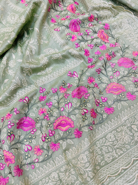 Pure Banarasi Tasar Silk Embroidery Saree