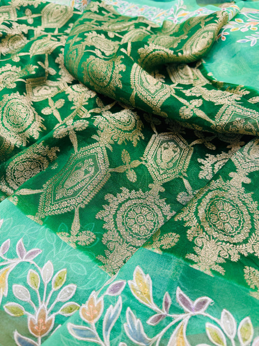 Pure Banarasi Kora Silk Embroidery Handbrush Saree