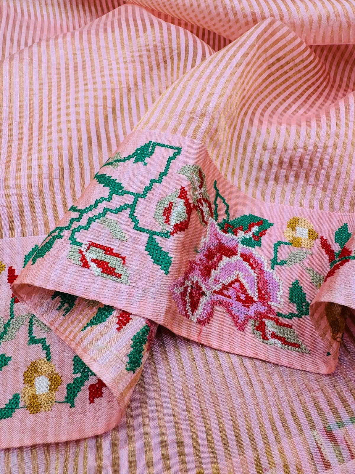 Peach Kora Tissue Stripe Cross Embroidery Saree