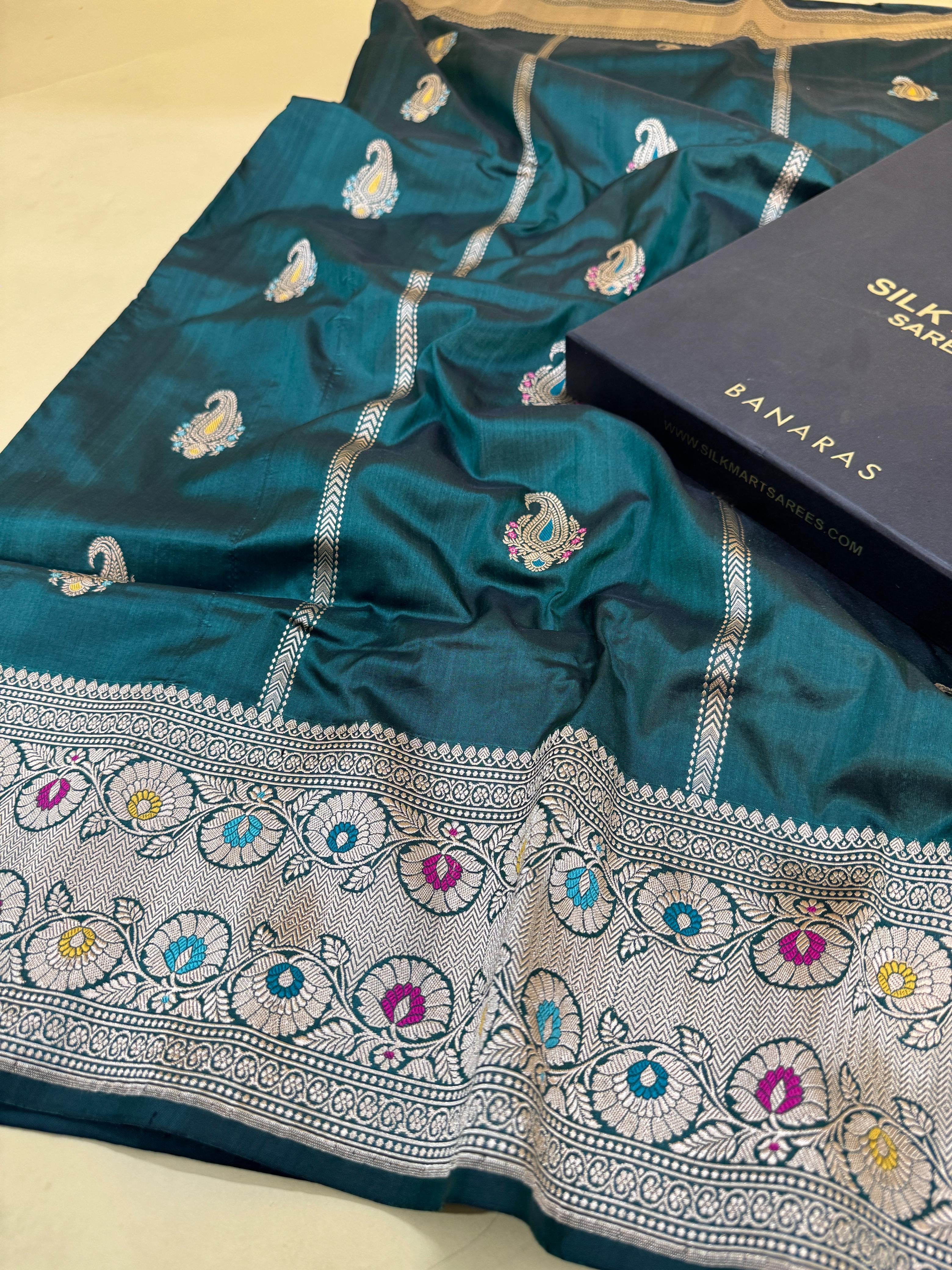 Bottle Green Katan Silk Stripe Buti Saree