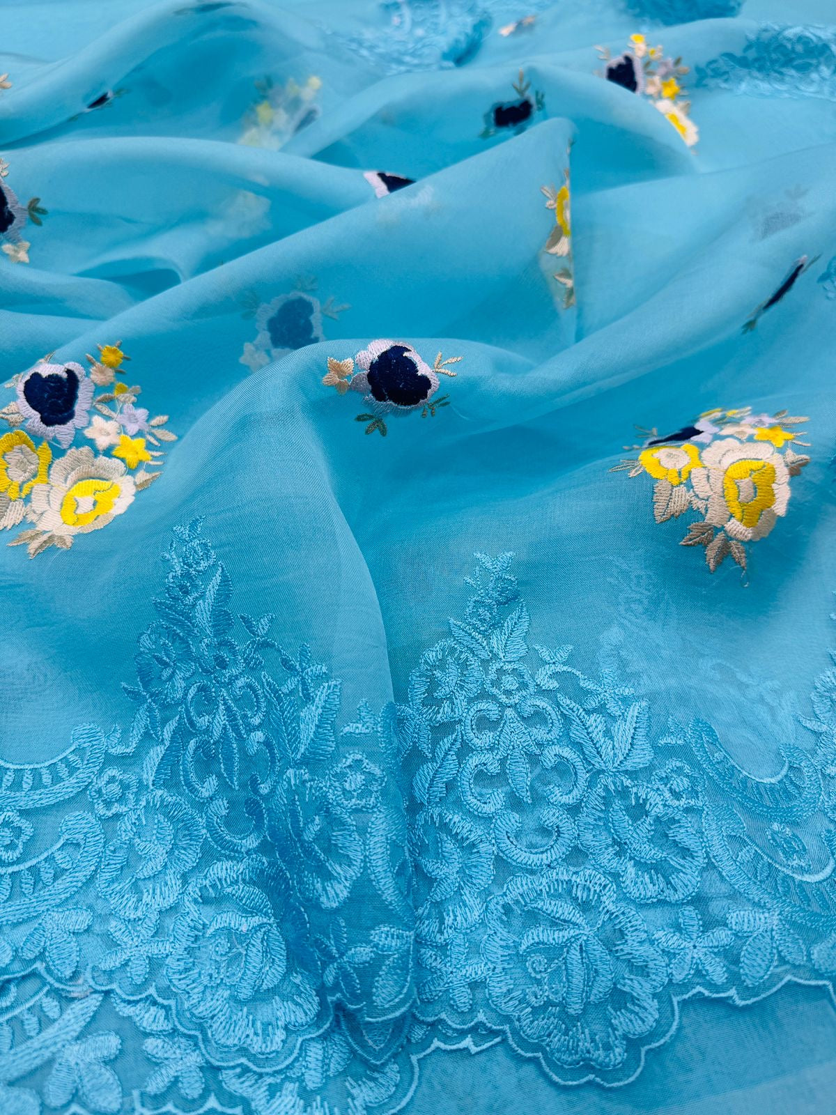 Sky Blue Kora Silk Embroidery Saree